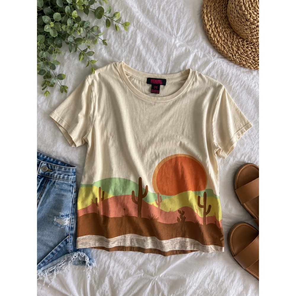 Rock and Roll Denim Womens Desert Cactus Sun Graphic T-Shirt Cream Medium NEW